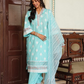 Turquoise Three Piece Nyra Cut Cotton Straight Kurti Set With Harem Pant and Organza Dupatta