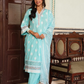 Turquoise Three Piece Nyra Cut Cotton Straight Kurti Set With Harem Pant and Organza Dupatta