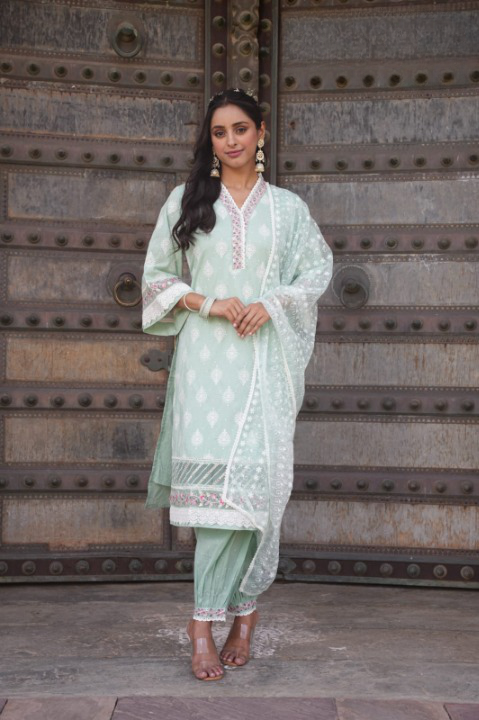 Mint Green Three Piece Nyra Cut Cotton Straight Kurti Set With Harem Pant and Organza Dupatta