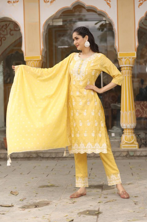 Yellow Beautiful Designer Embroidery Cotton Kurti Suit Set With Pant And Dupatta