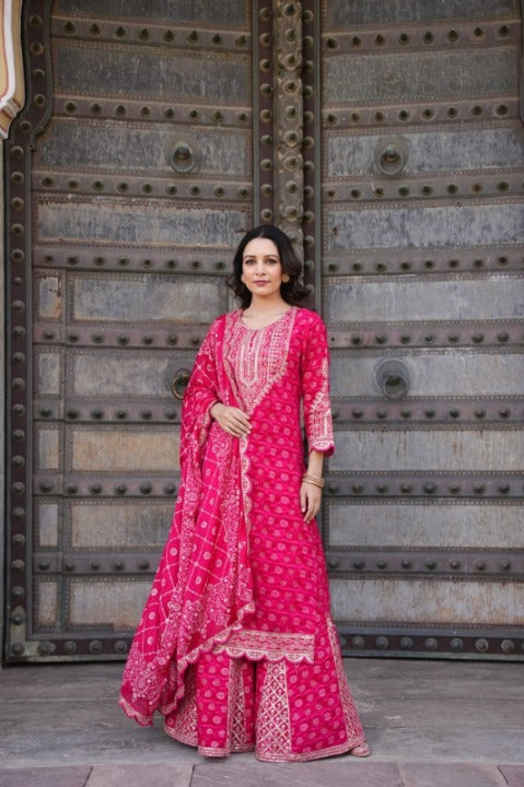 Magenta Designer Side Slit Embroidered Sharara Set With Dupatta