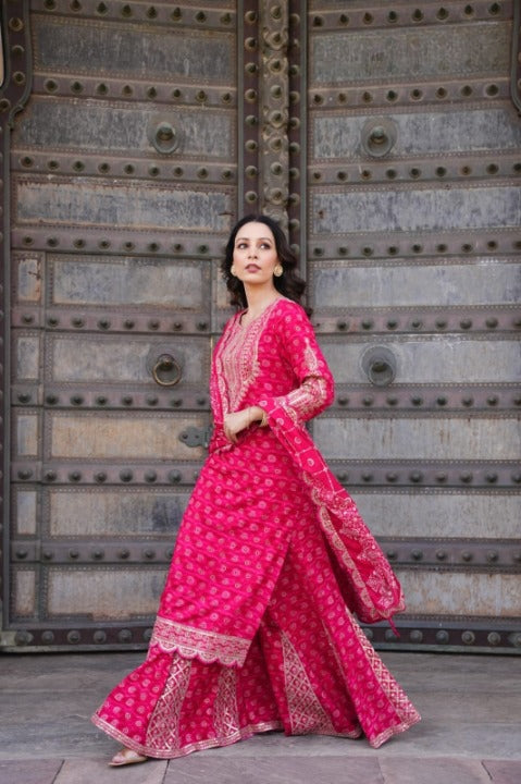Magenta Designer Side Slit Embroidered Sharara Set With Dupatta