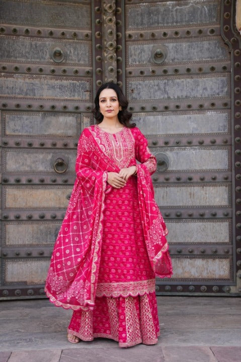 Magenta Designer Side Slit Embroidered Sharara Set With Dupatta