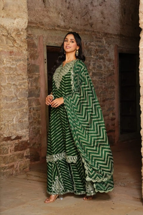 Green Designer Embroidered Cotton Kurti Suit With Sharara And Dupatta
