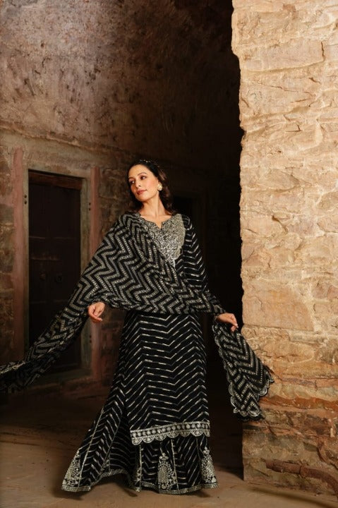 Black Designer Embroidered Cotton Kurti Suit With Sharara And Dupatta