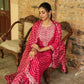 Red Designer Embroidered Cotton Kurti Suit With Sharara And Dupatta