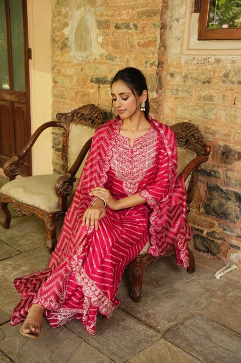 Red Designer Embroidered Cotton Kurti Suit With Sharara And Dupatta