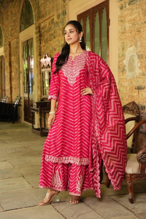 Red Designer Embroidered Cotton Kurti Suit With Sharara And Dupatta