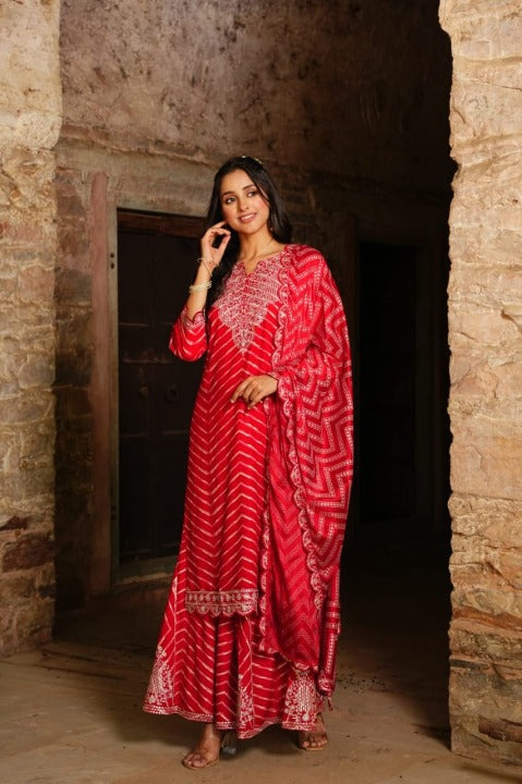 Red Designer Embroidered Cotton Kurti Suit With Sharara And Dupatta
