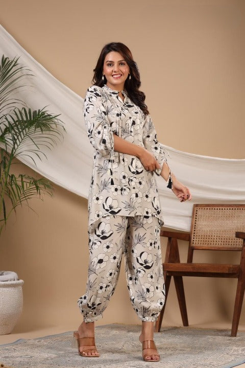 Light Grey Designer Digital Print Pure Muslin Co-ord Set With Harem Style Pant