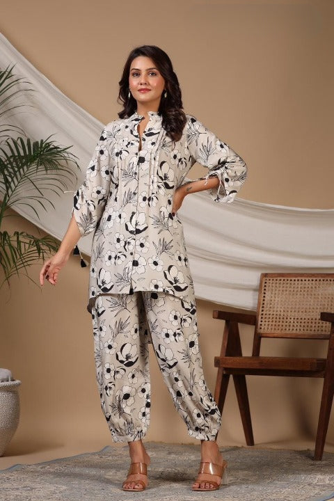 Light Grey Designer Digital Print Pure Muslin Co-ord Set With Harem Style Pant