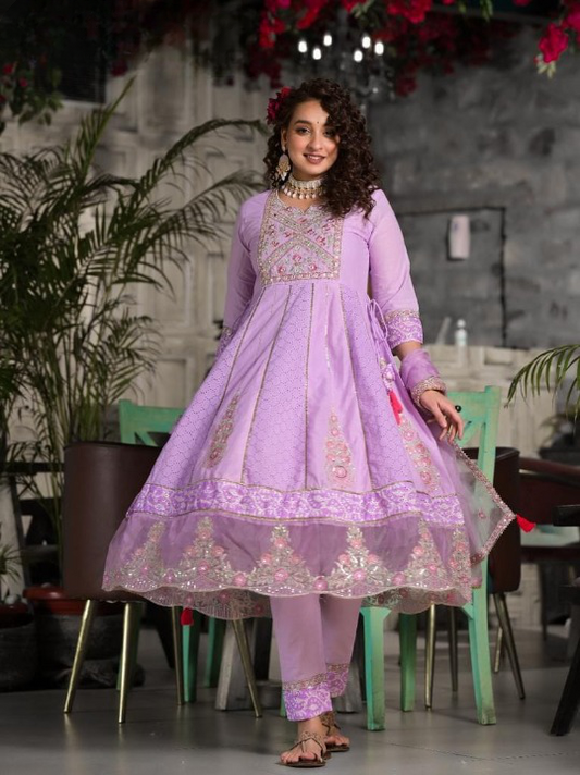 Light Purple Cotton Anarkali Suit Set With Organza Dupatta With Embroidery & Border