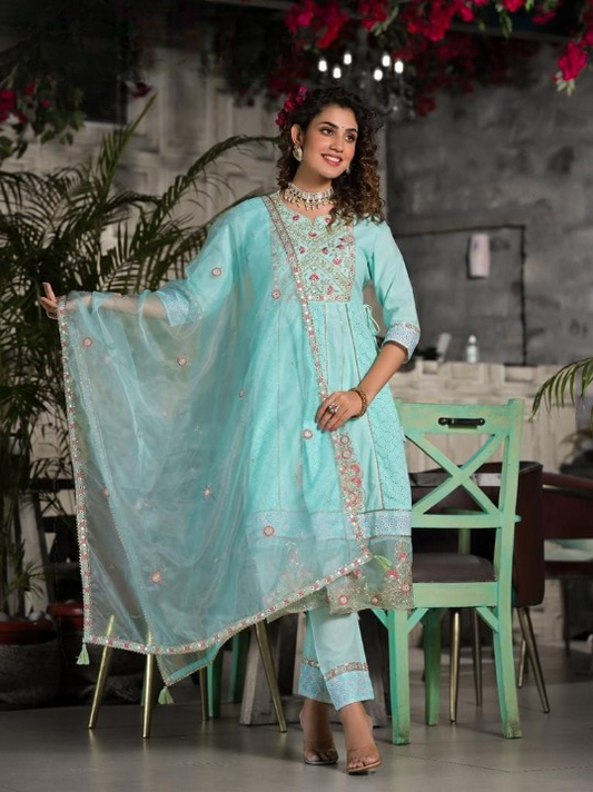 Light Blue Cotton Anarkali Suit Set With Embroidered Organza Dupatta