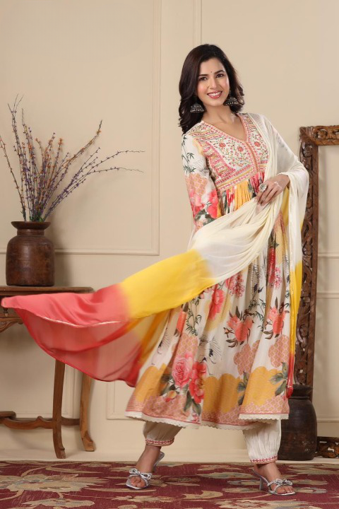 Cream Floral Print Muslin Multicolour Anarkali Suit Set With Dupatta