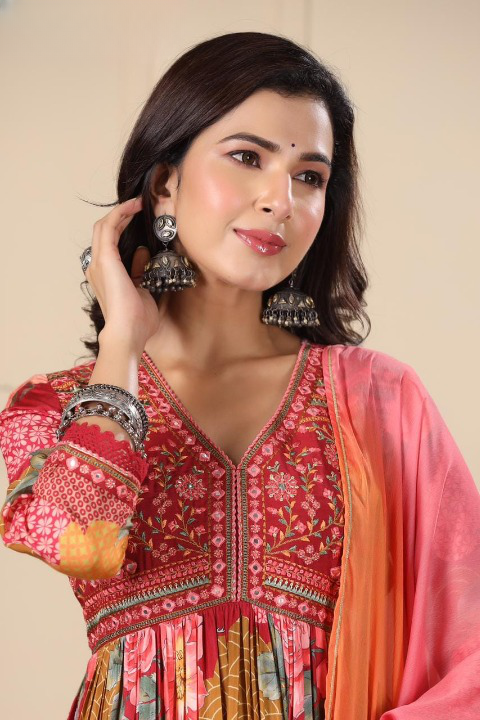 Maroon Floral Print Muslin Anarkali Suit Set With Multicolour Dupatta