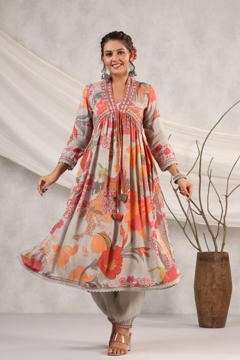 Clay Grey Floral Print Muslin Multicolour Anarkali Suit Set With Dupatta