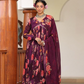 Magenta Floral Print Chinon Anarkali Suit Set With Printed Dupatta