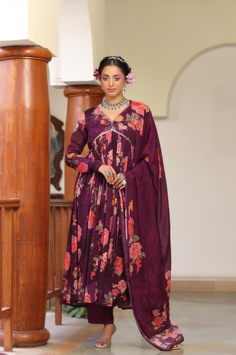 Magenta Floral Print Chinon Anarkali Suit Set With Printed Dupatta