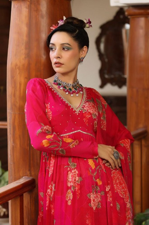 Fuschia Pink Floral Print Chinon Anarkali Suit Set With Printed Dupatta