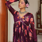 Magenta Floral Print Chinon Anarkali Suit Set With Printed Dupatta