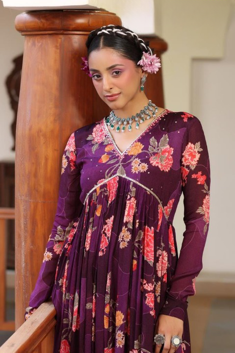 Magenta Floral Print Chinon Anarkali Suit Set With Printed Dupatta