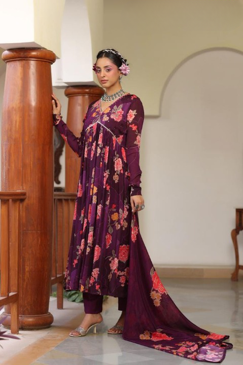 Magenta Floral Print Chinon Anarkali Suit Set With Printed Dupatta