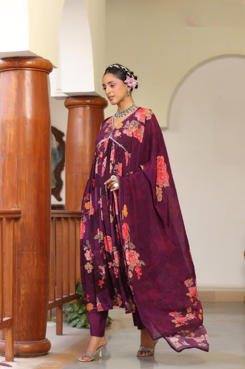 Magenta Floral Print Chinon Anarkali Suit Set With Printed Dupatta