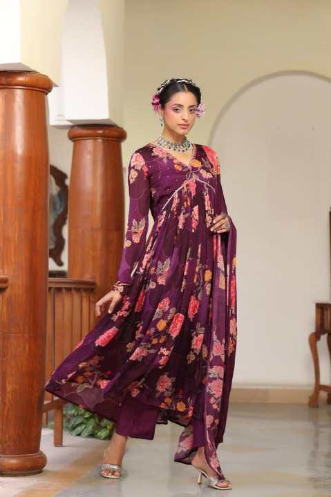 Magenta Floral Print Chinon Anarkali Suit Set With Printed Dupatta
