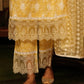 Yellow Cotton Schiffili Side Slit Embroidered Kurti-Pant With Organza Dupatta