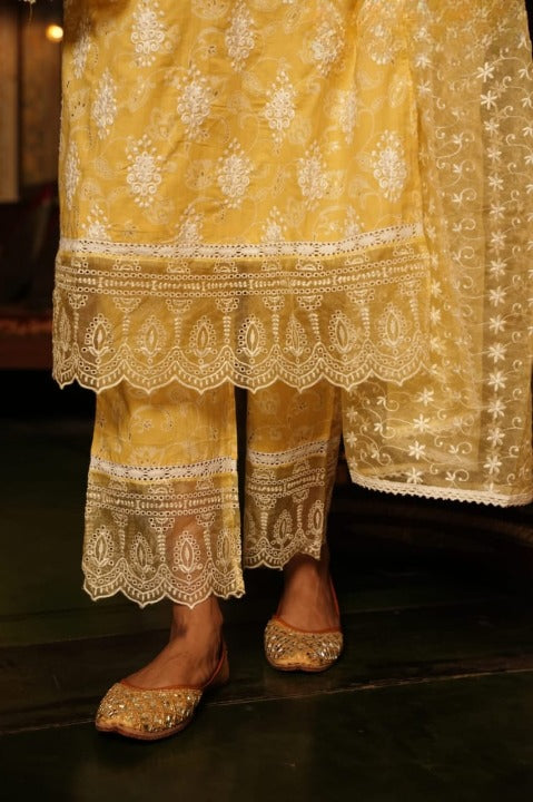 Yellow Cotton Schiffili Side Slit Embroidered Kurti-Pant With Organza Dupatta