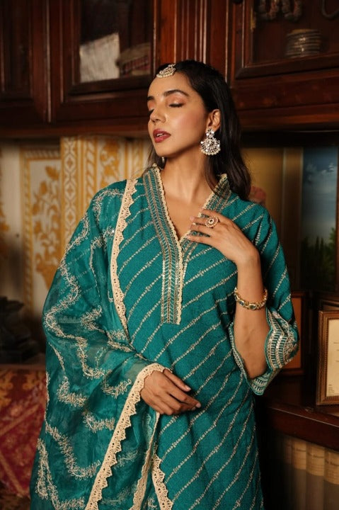 Turquoise Schiffili Side Slit Rayon Kurti-Pant Set With Organza Dupatta