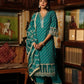 Turquoise Schiffili Side Slit Rayon Kurti-Pant Set With Organza Dupatta