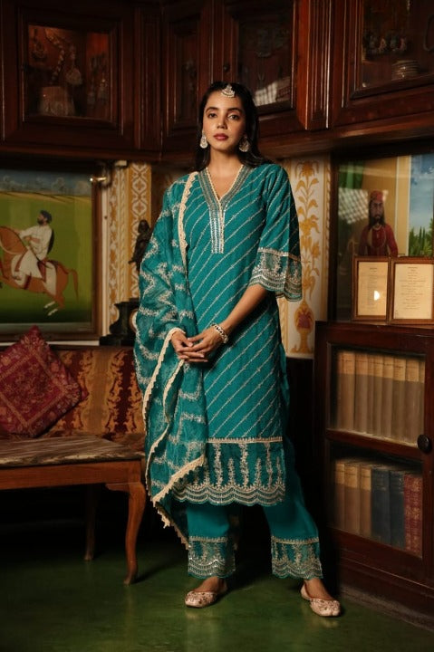 Turquoise Schiffili Side Slit Rayon Kurti-Pant Set With Organza Dupatta