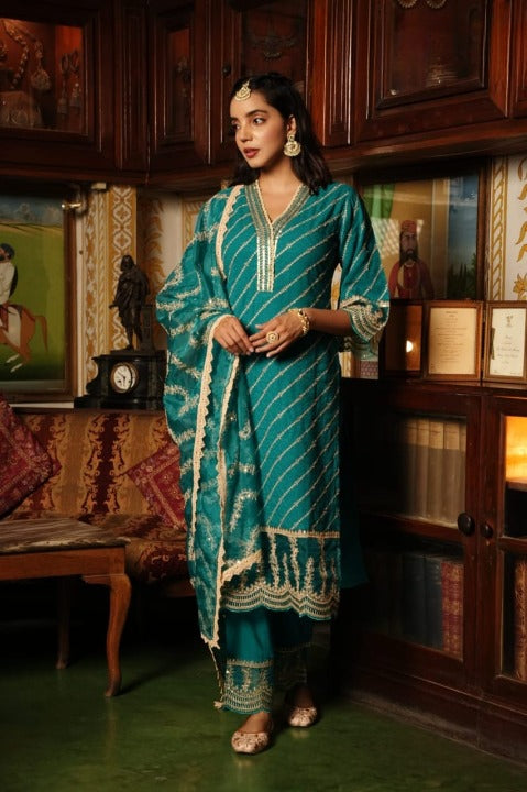 Turquoise Schiffili Side Slit Rayon Kurti-Pant Set With Organza Dupatta