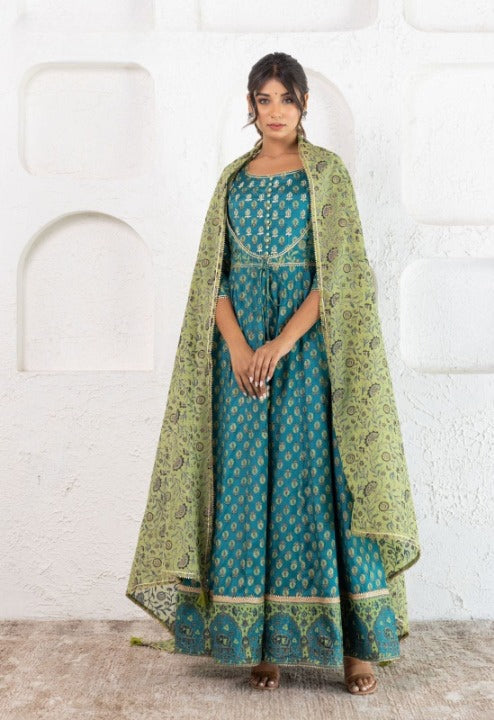 Teal Angrakha Patterned Silk Anarkali Kurti With Kota Doriya Dupatta
