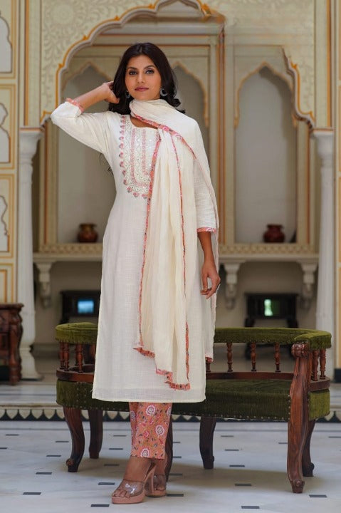 Cream Cotton Embroidered Kurti Pant Set With Chiffon Dupatta