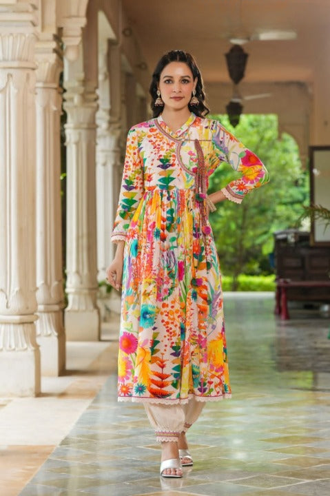 Mustard Angarakha Patterned Anarkali Kurti Set With Chinnon Dupatta