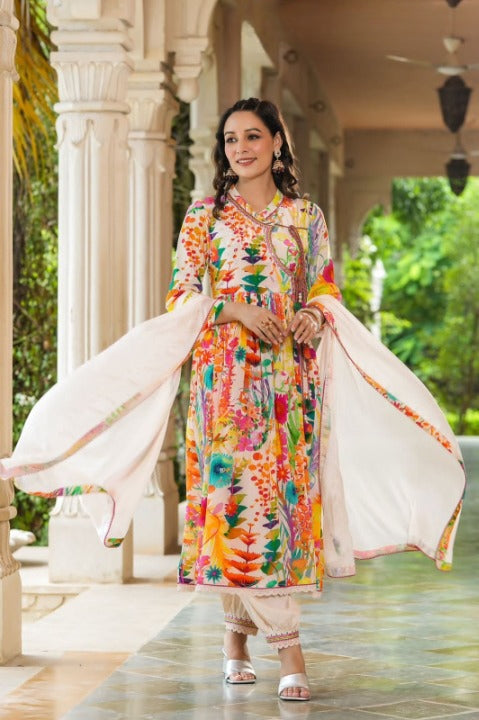 Mustard Angarakha Patterned Anarkali Kurti Set With Chinnon Dupatta