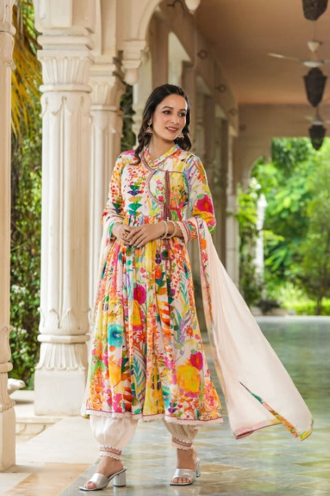 Mustard Angarakha Patterned Anarkali Kurti Set With Chinnon Dupatta