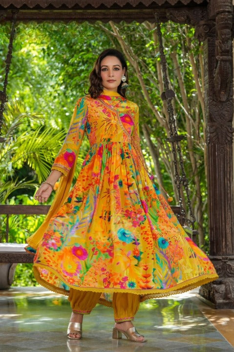 Mustard Angarakha Patterned Anarkali Kurti Set With Chinnon Dupatta
