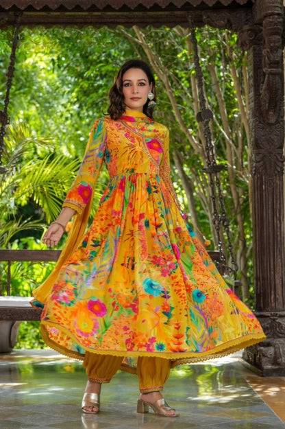 Mustard Angarakha Patterned Anarkali Kurti Set With Chinnon Dupatta