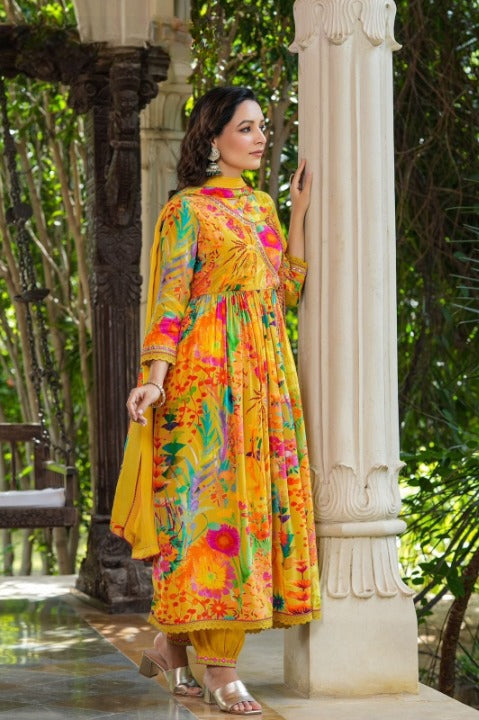 Mustard Angarakha Patterned Anarkali Kurti Set With Chinnon Dupatta