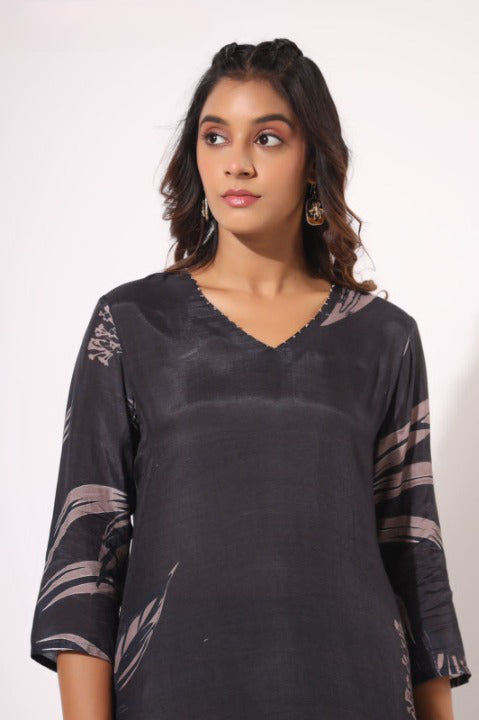 Black Designer Digital Print Pure Muslin Two Piece Co-ord Set Paired With Afghani Pant