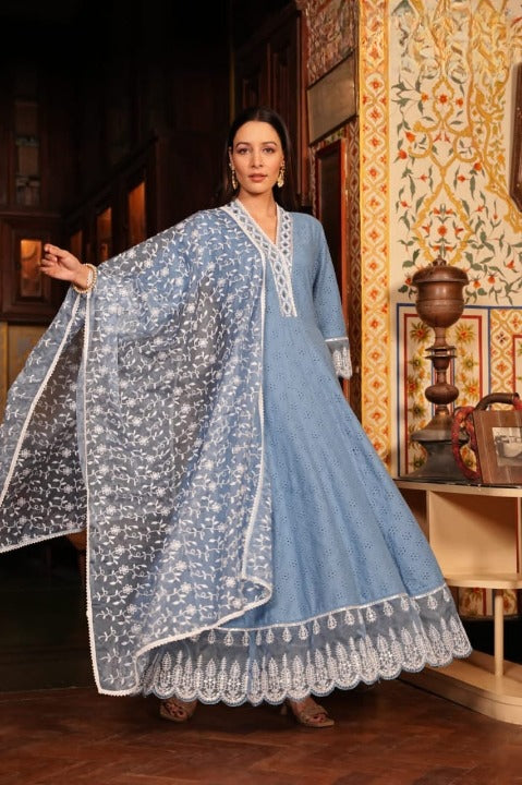 Stone Blue Cotton Schiffili Embroidered Anarkali Kurti-Pant Set With Organza Dupatta