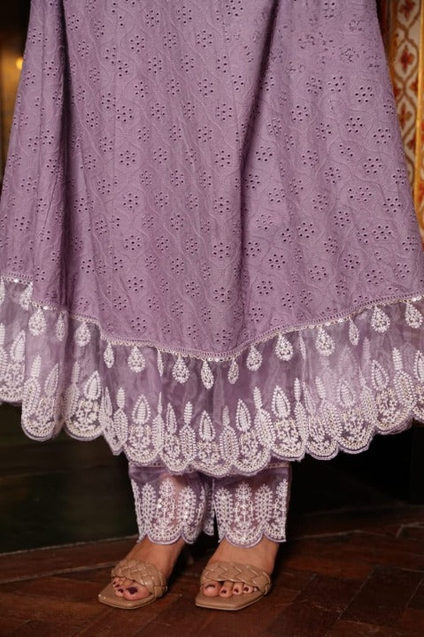 Light Purple Cotton Schiffili Embroidered Anarkali Kurti-Pant Set With Organza Dupatta