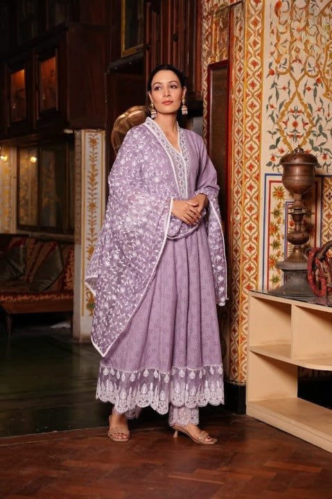Light Purple Cotton Schiffili Embroidered Anarkali Kurti-Pant Set With Organza Dupatta