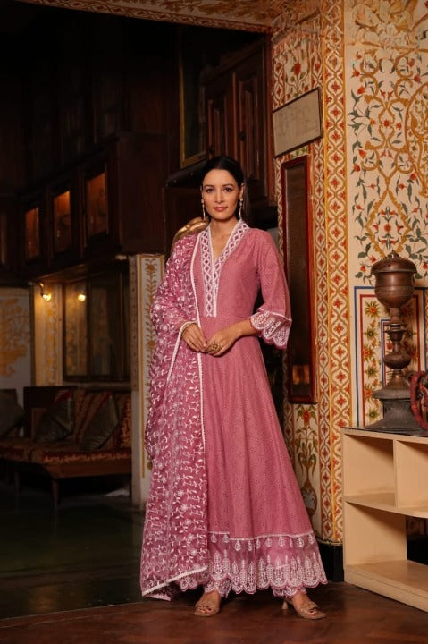 Peach Cotton Schiffili Embroidered Anarkali Kurti-Pant Set With Organza Dupatta