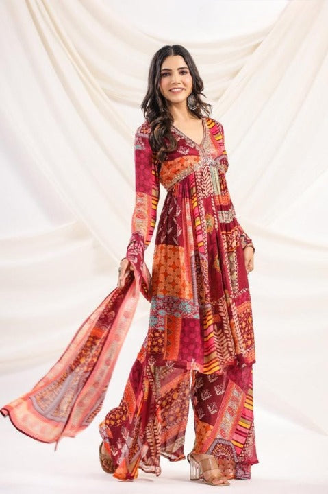Dark Red Chinnon Angrakha Pattern Three Piece Anarkali Kurti Set