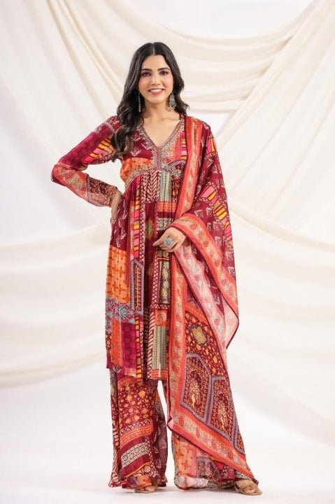 Dark Red Chinnon Angrakha Pattern Three Piece Anarkali Kurti Set