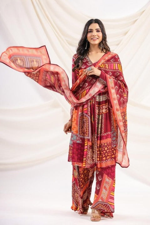 Dark Red Chinnon Angrakha Pattern Three Piece Anarkali Kurti Set